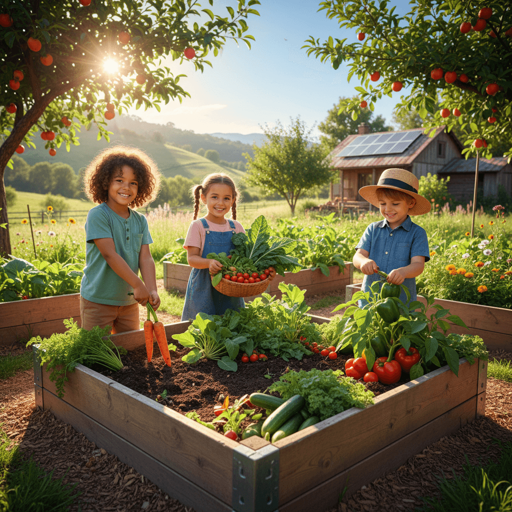 Children harvesting vegetables from farm garden