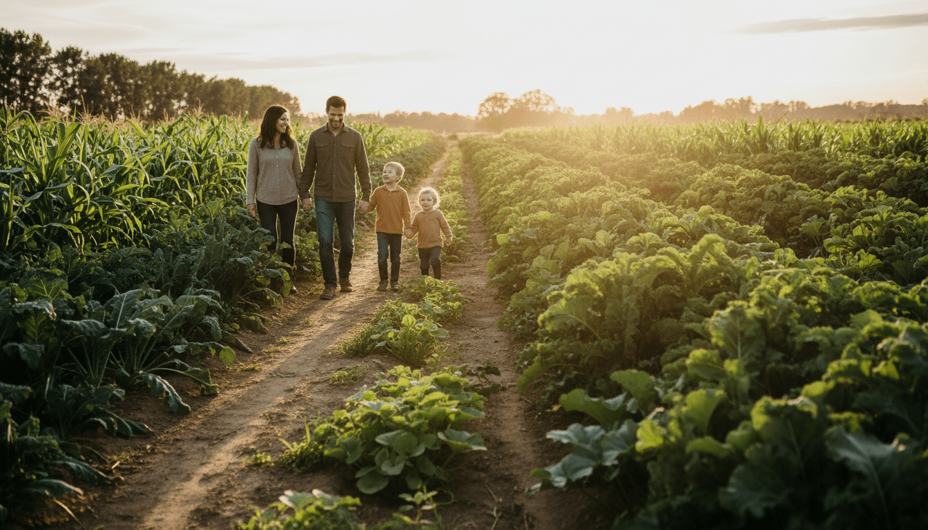 Family walking together through rows of organic vegetables at Mr B ORGANIC farm in Hisarlıkaya