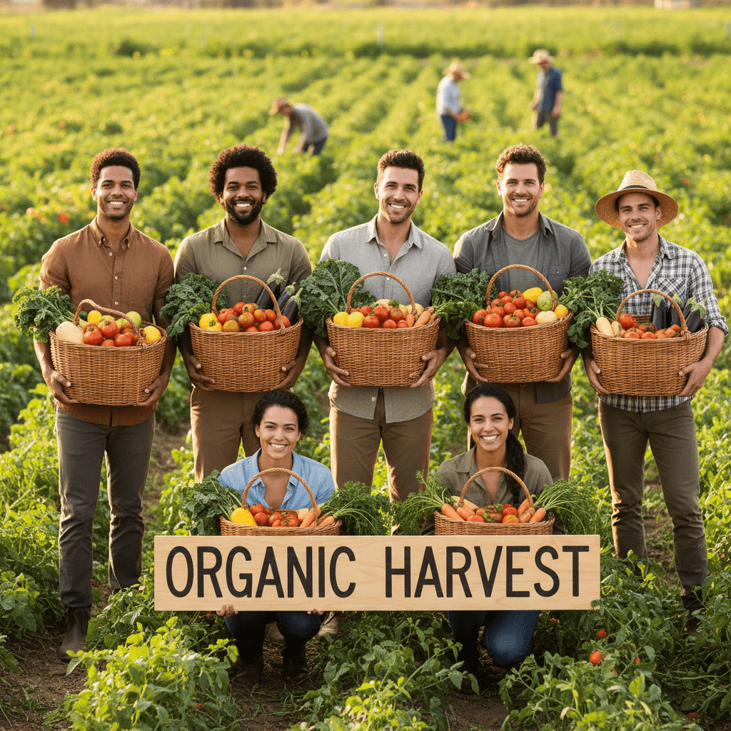 Visitors with harvested vegetables and produce