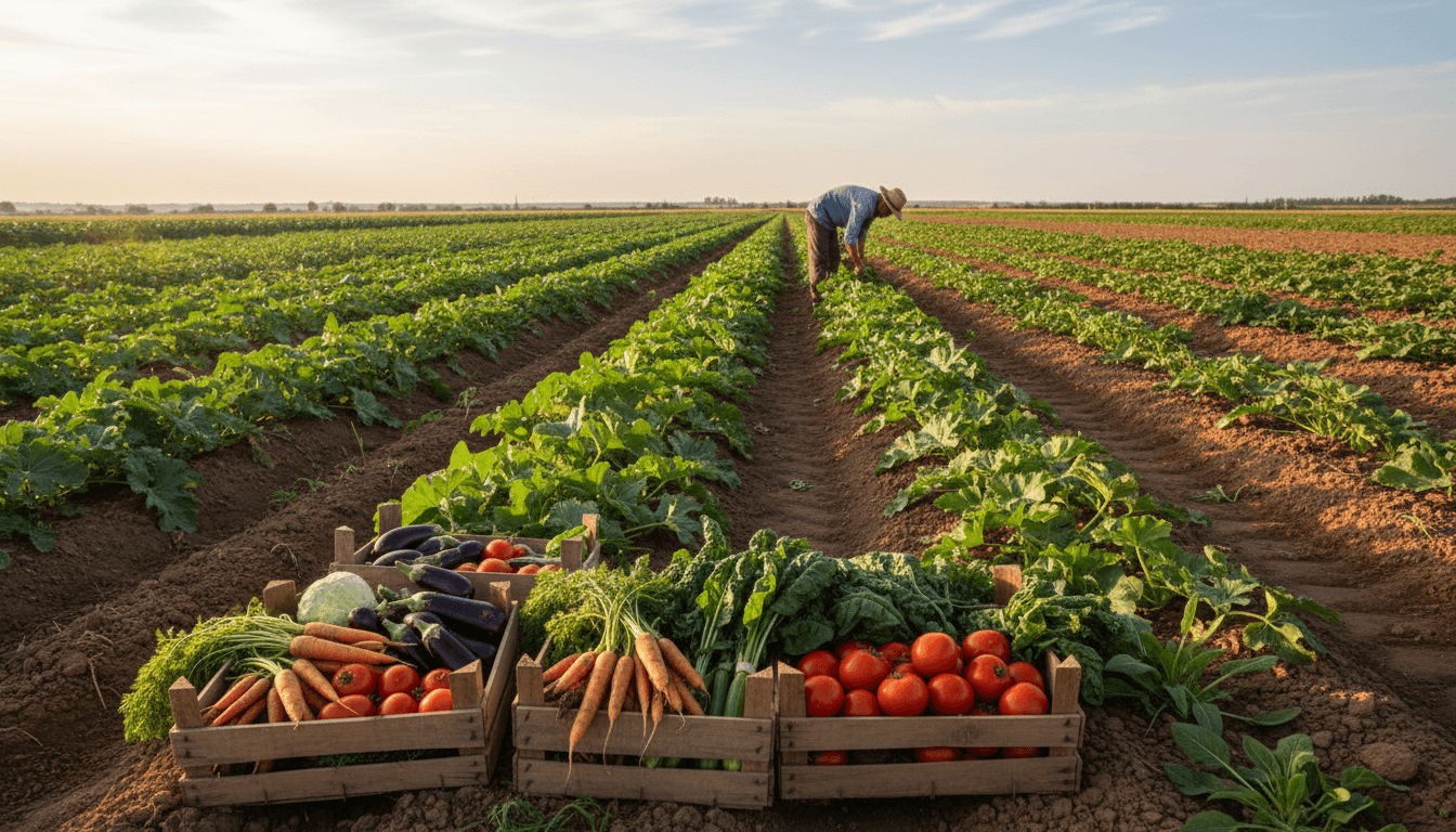 Fresh organic vegetables in wooden crates at Mr B ORGANIC farm in Hisarlıkaya, Ankara