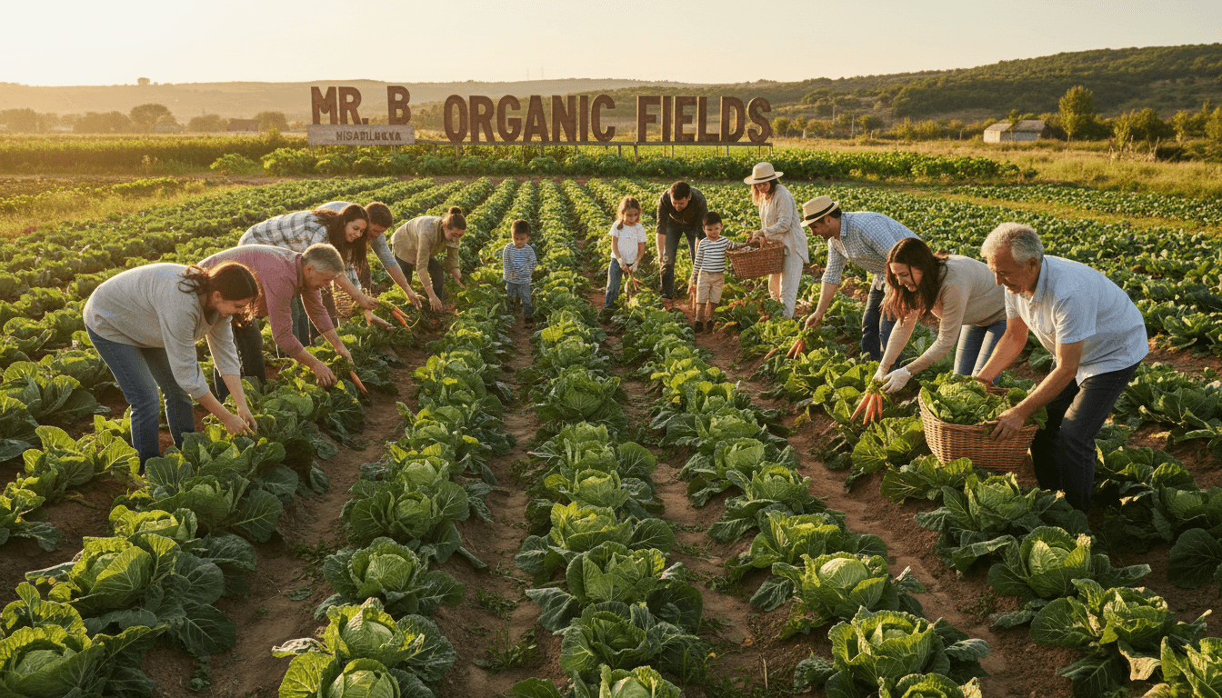 A diverse family happily harvesting fresh vegetables together in an organic farm field at golden hour