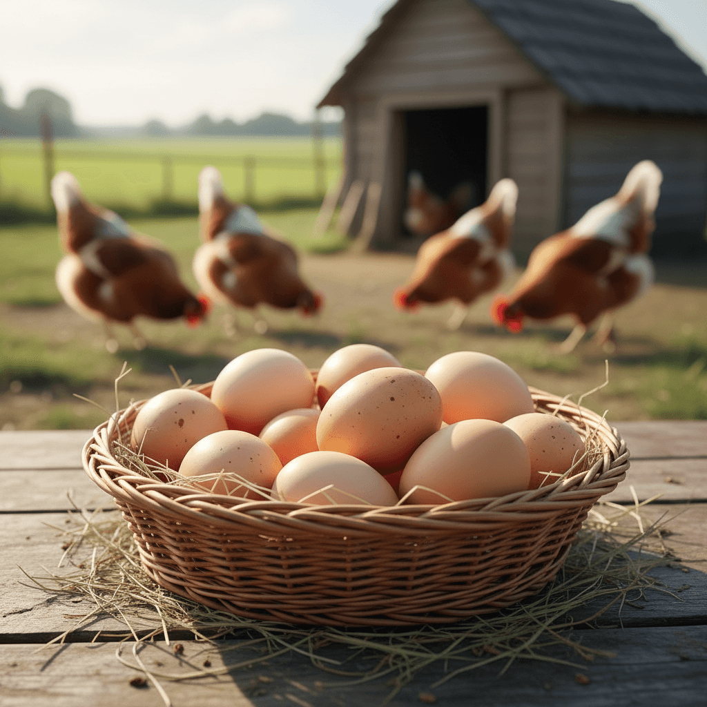 Fresh brown eggs in a wicker basket on a wooden table with farm chickens behind.