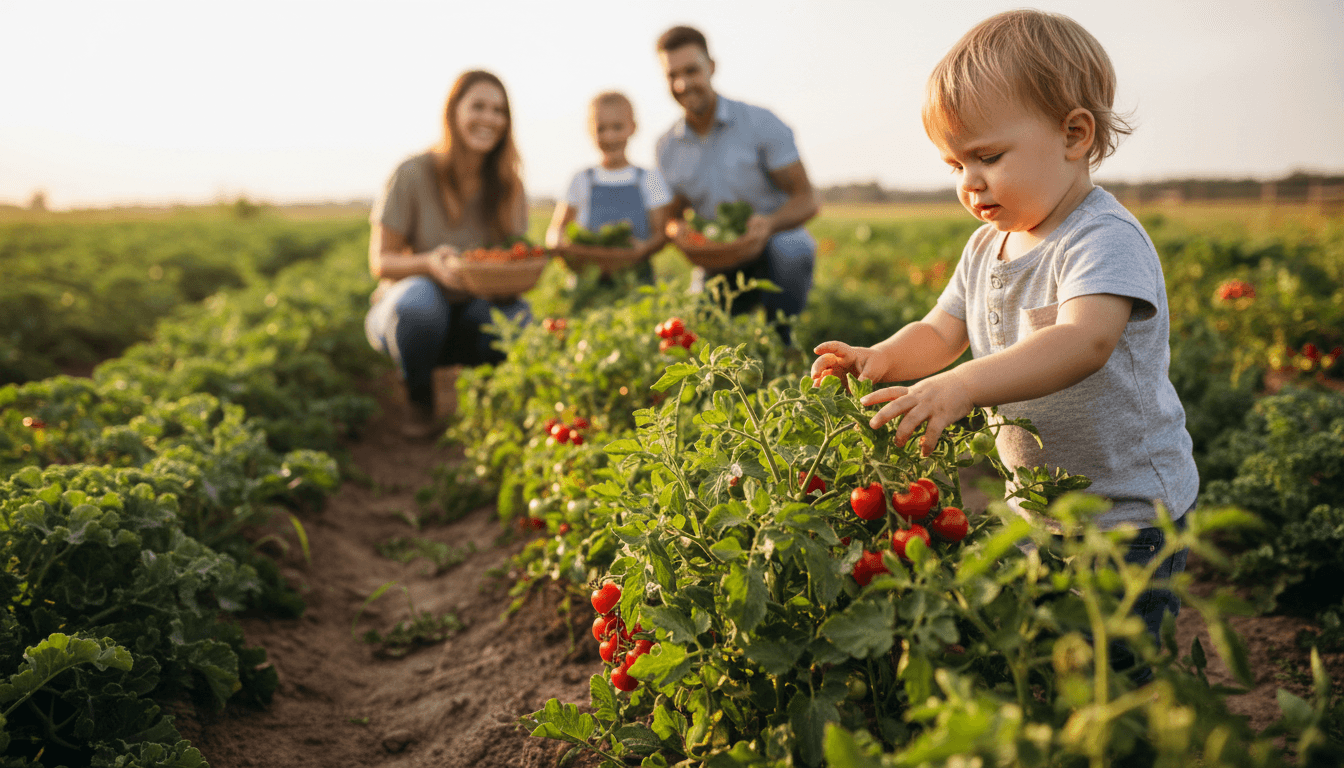 Family harvesting fresh organic vegetables at Mr B ORGANIC farm in Hisarlıkaya
