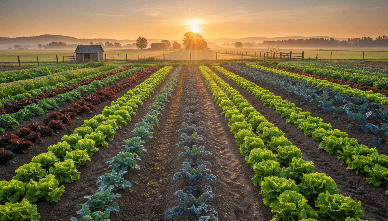 Organic vegetable garden at Mr B ORGANIC farm in Hisarlıkaya with rows of fresh green plants and natural sunlight