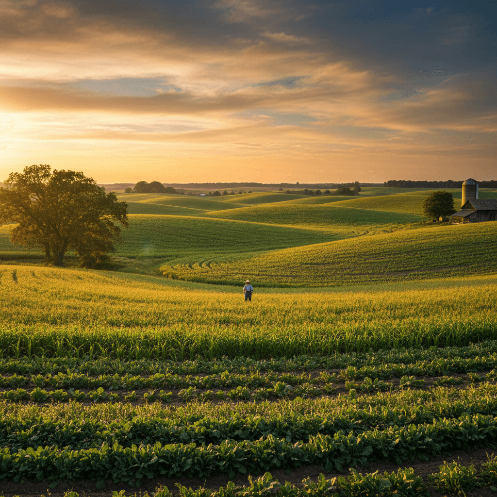 Expansive view of Mr B ORGANIC farm landscape with growing crops