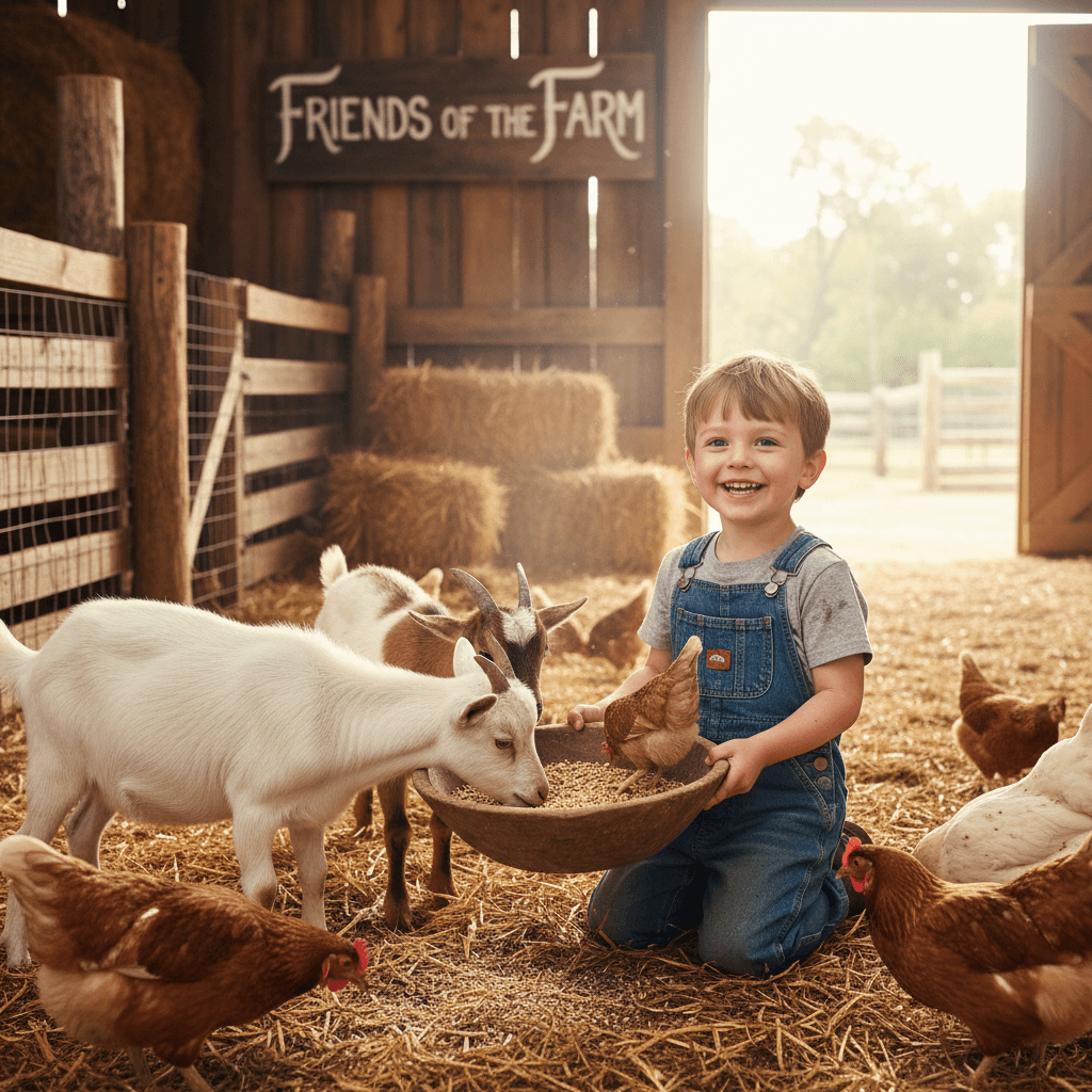 Child interacting with farm animals