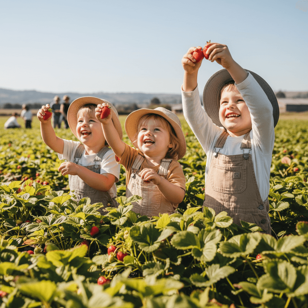 Children picking fresh strawberries during a pick-your-own farm experience