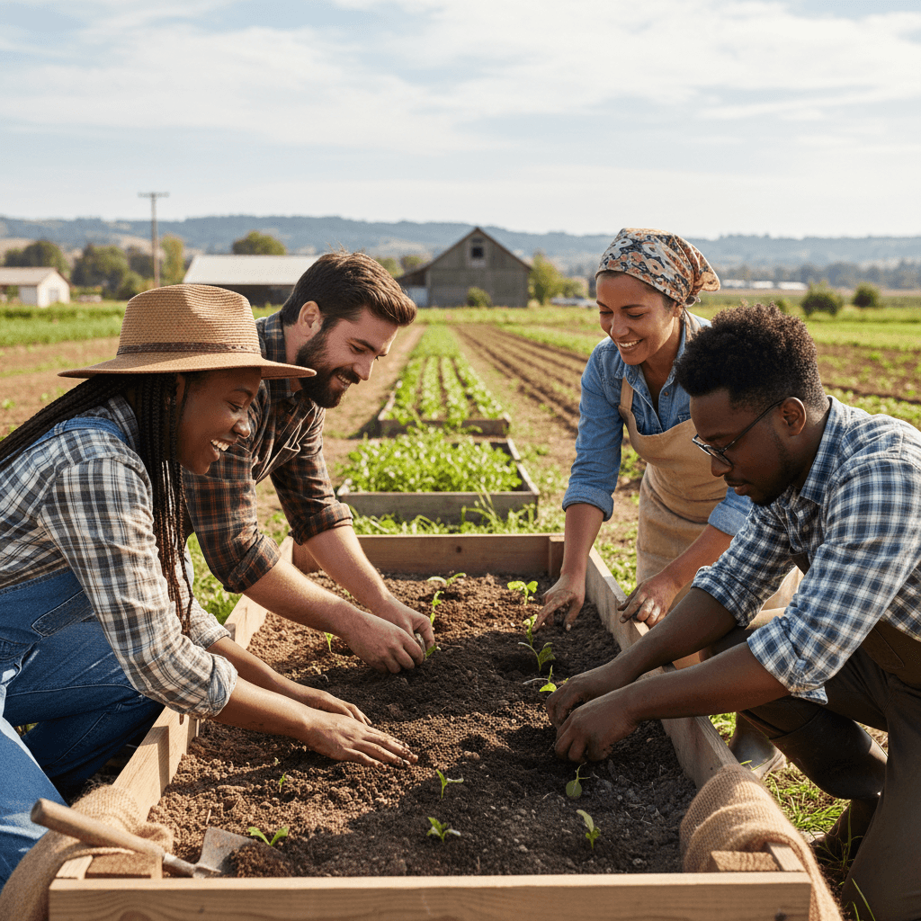 Corporate group doing farm workshop