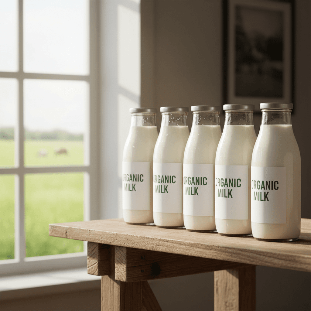 Fresh organic milk bottles