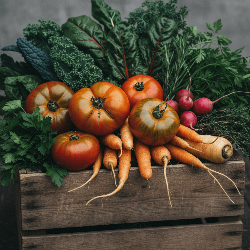 Freshly harvested organic vegetables in a wooden farm crate
