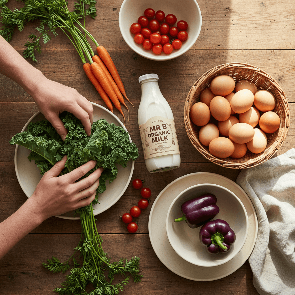 Family farm products on dining table