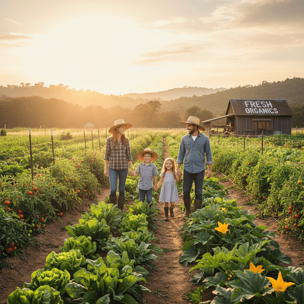 Family touring vegetable beds at the farm