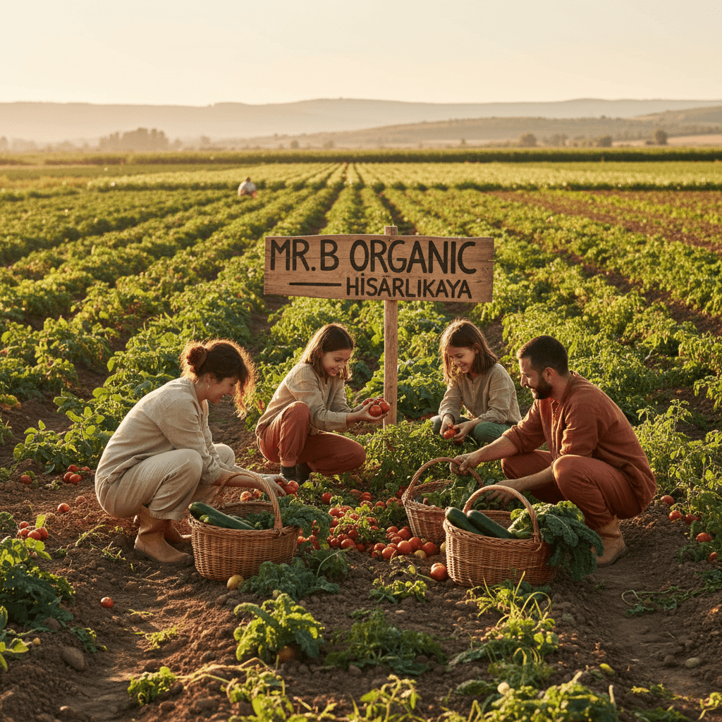 Family picking vegetables on farm