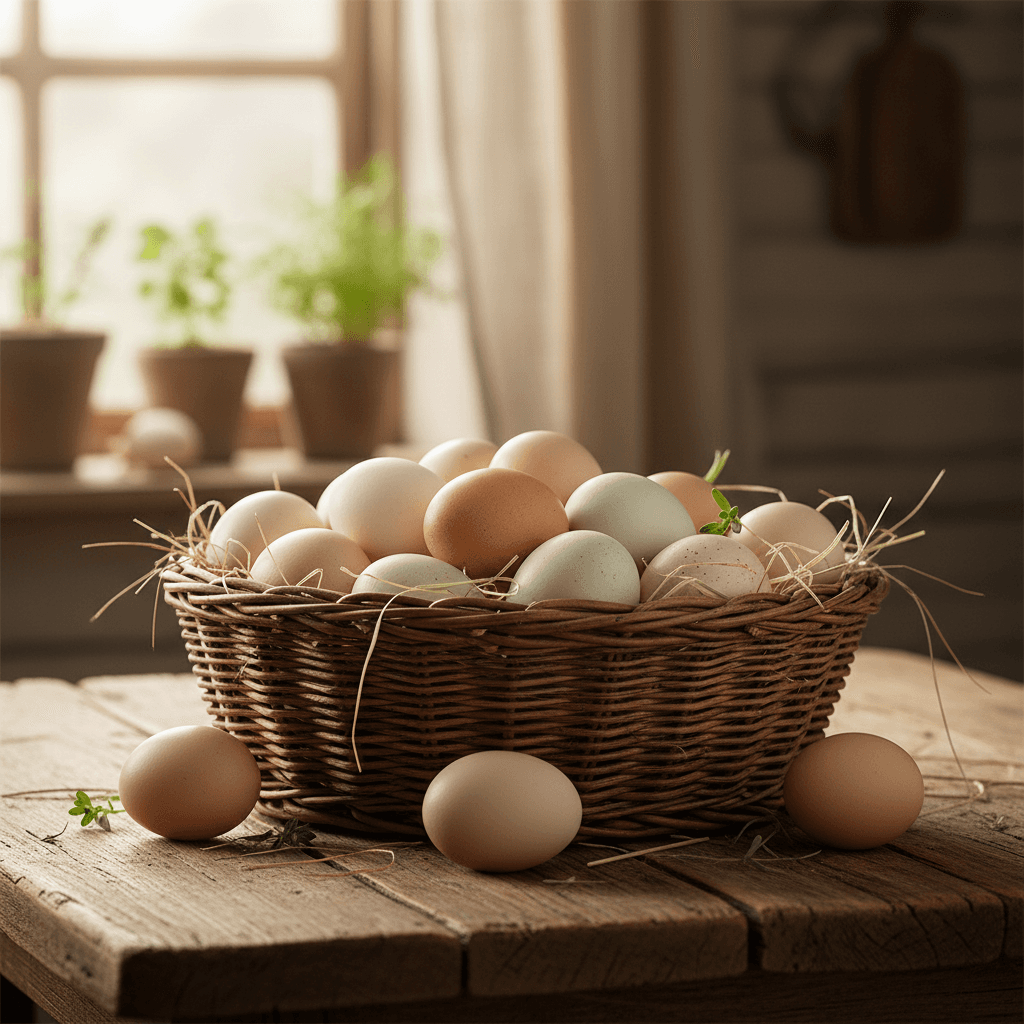Fresh farm eggs in basket