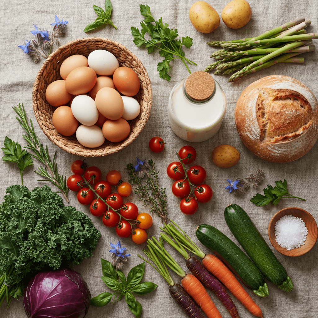 Overhead arrangement of farm-fresh eggs, milk, vegetables, and herbs
