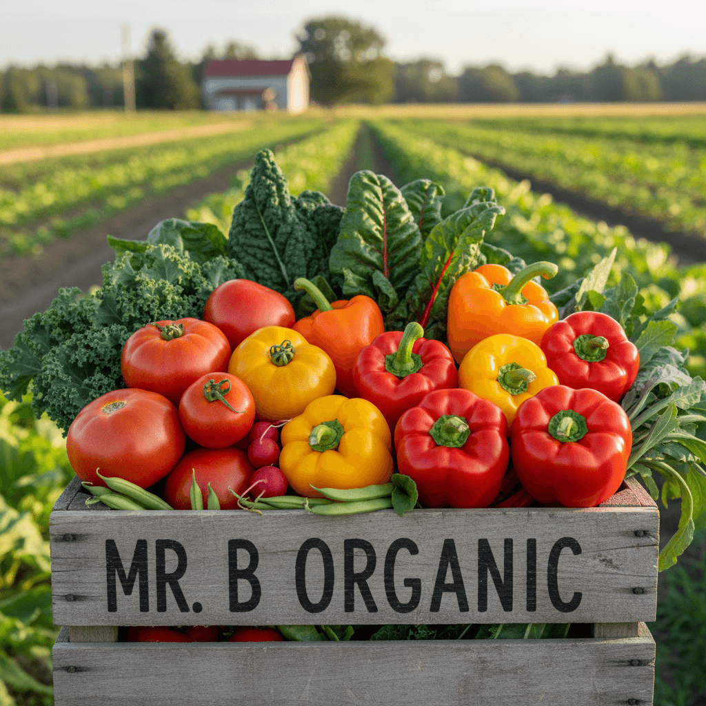 Colorful fresh vegetables in a rustic crate on an organic farm