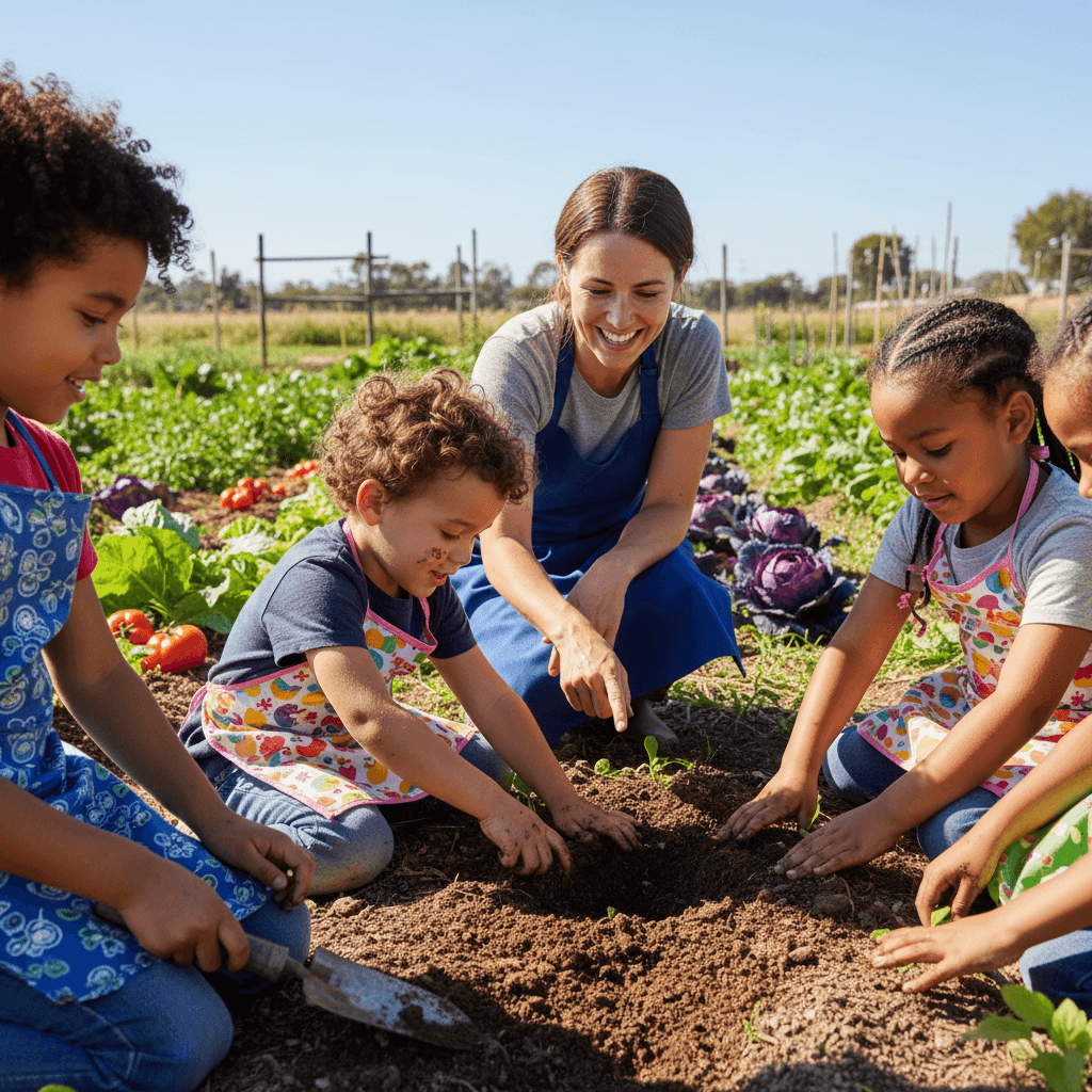 Children learning organic farming in workshop