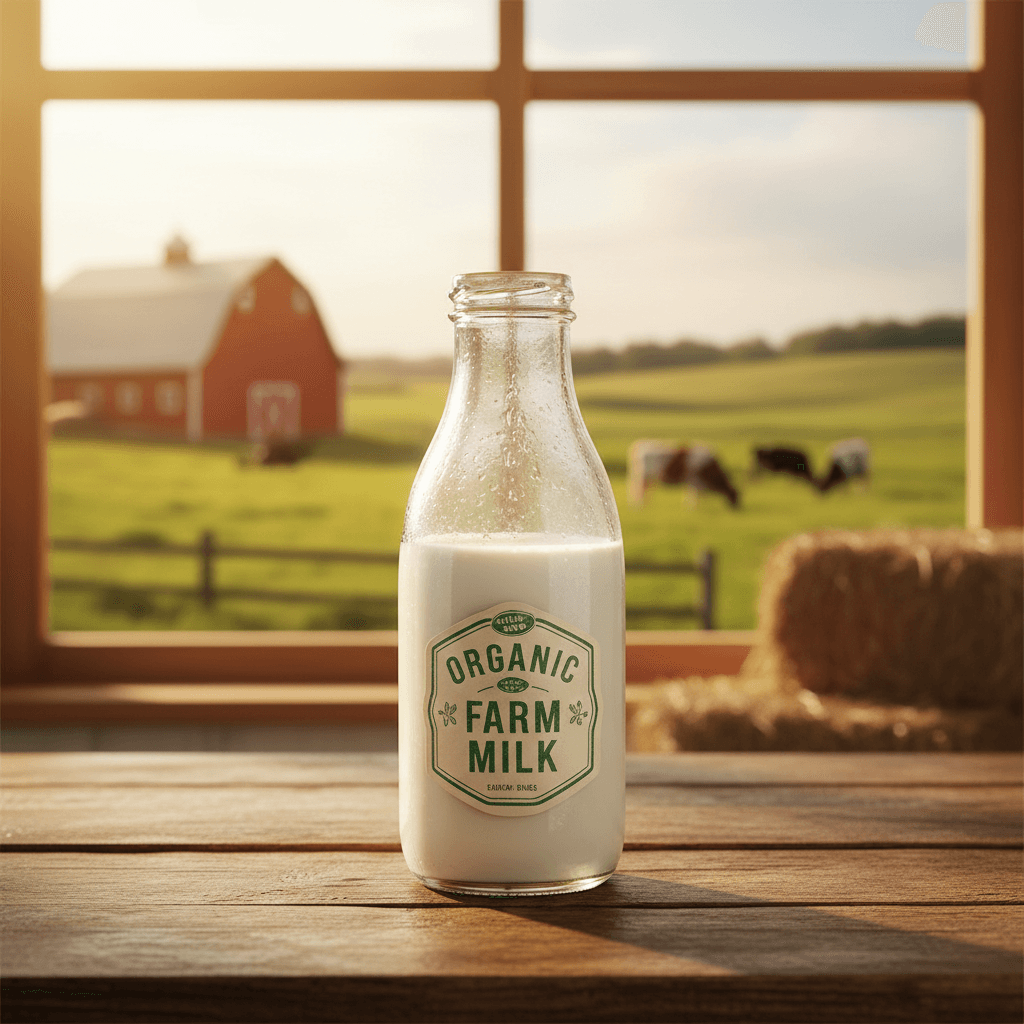 Organic farm milk bottle on a wooden table with a red barn and cows outside.