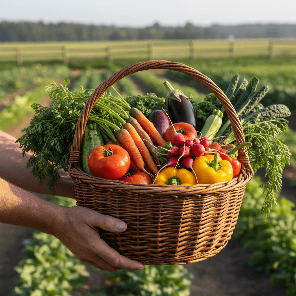 Farmer's hands holding a fresh basket of harvested organic vegetables