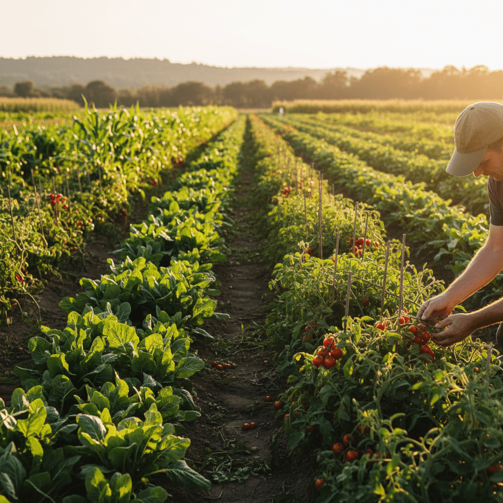 Hands harvesting fresh tomatoes from organic garden rows at sunset