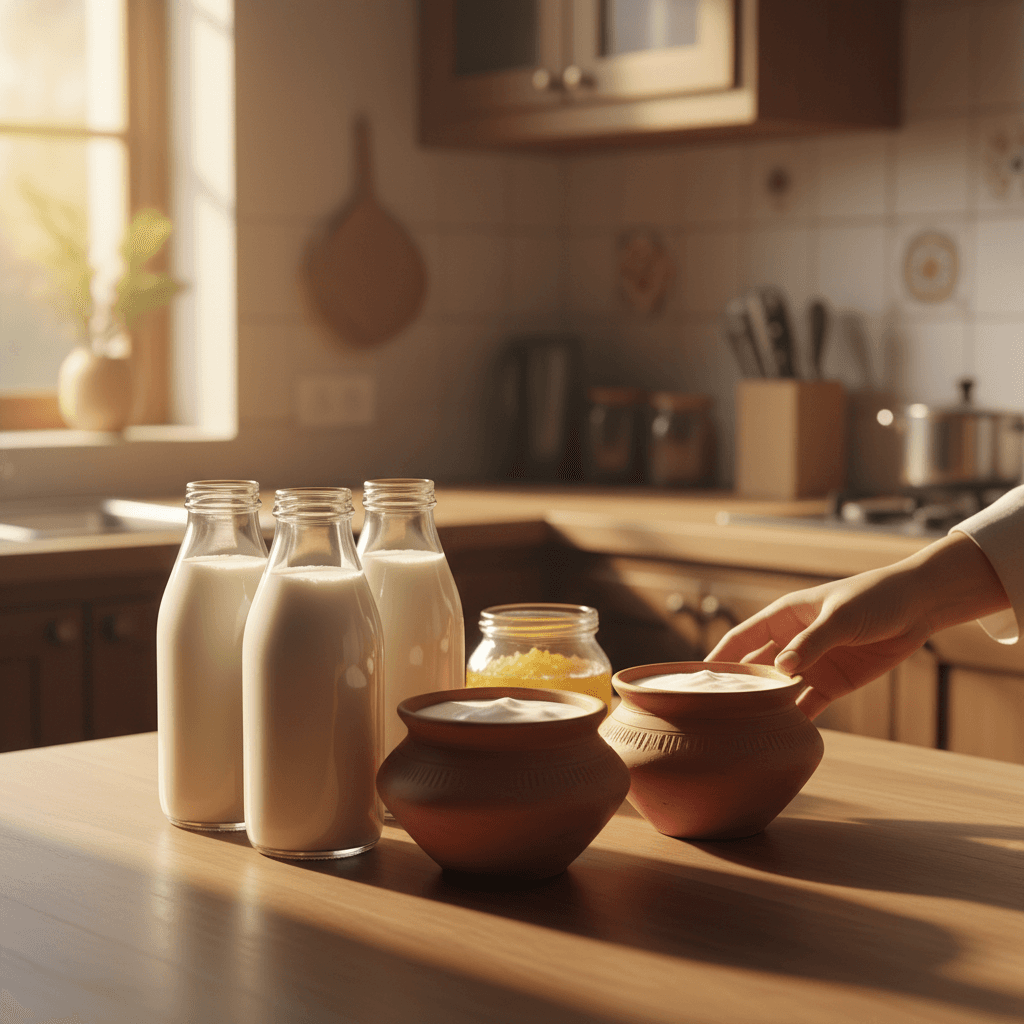 Fresh milk bottles, yogurt pots, and ghee jar on kitchen counter with customer hand reaching for delivery