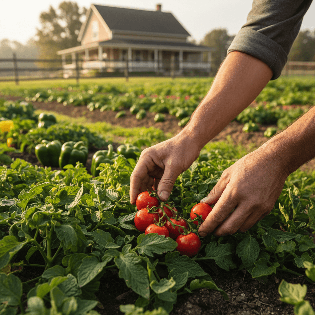 Family happily picking fresh organic vegetables together in a sunlit farm field