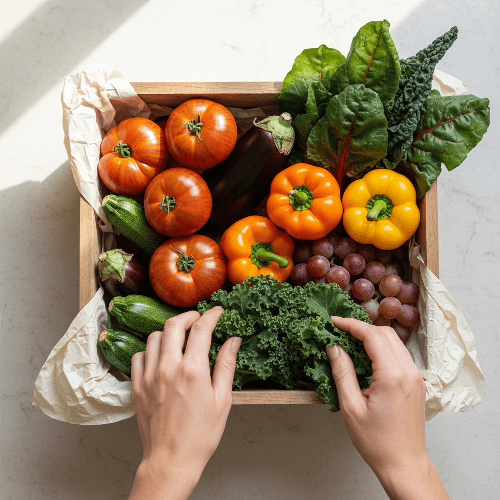 Fresh organic vegetables in harvest basket