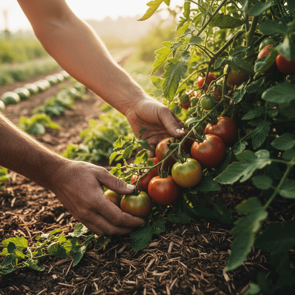 Weathered hands carefully picking ripening tomatoes from a lush vine in a sunlit garden.