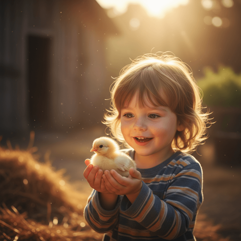 Child's hands gently holding a fluffy chick in warm golden sunlight on a farm